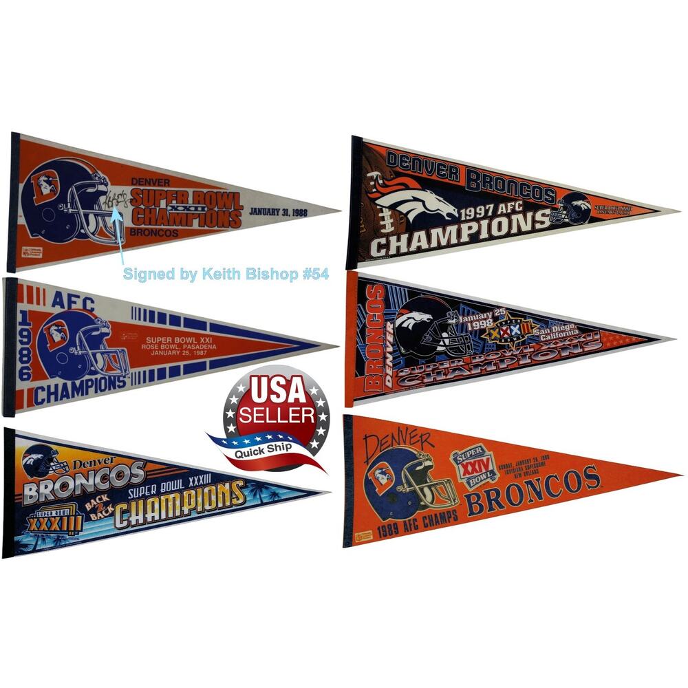 Lot of 6 Denver Broncos Super Bowl XXI XXII XXIV XXXII XXXIII Champions Pennants